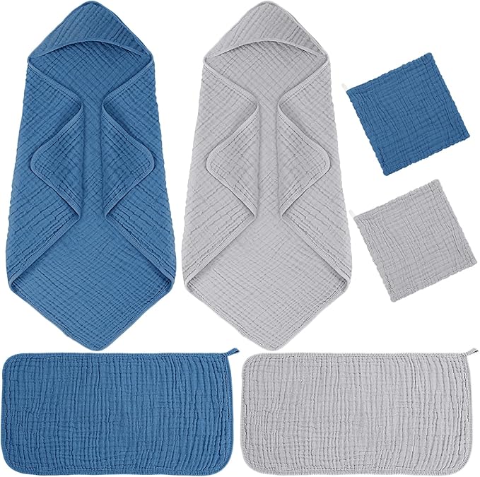 Breling 6 Pcs Muslin Hooded Baby Bath Towel, Hand Towels and Washcloth Set, 36"x 36" Cotton Newborn Bath Towel Cotton Absorbent Blanket Unisex Newborn Gift Essentials for Girl Boy (Blue,Grey)