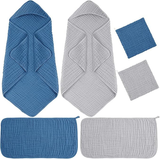 Breling 6 Pcs Muslin Hooded Baby Bath Towel, Hand Towels and Washcloth Set, 36"x 36" Cotton Newborn Bath Towel Cotton Absorbent Blanket Unisex Newborn Gift Essentials for Girl Boy (Blue,Grey)