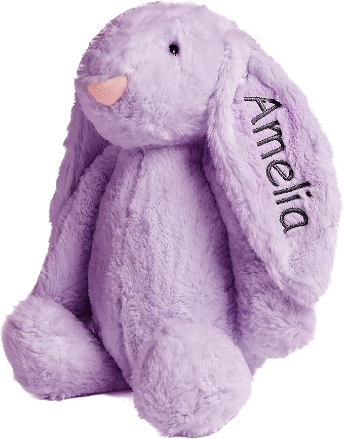 Personalized Super Soft Plush Bunny - Stuffed Animal Toy for Kids - Custom Gift with Embroidered Name on Ear for Easter, (Purple, Medium)