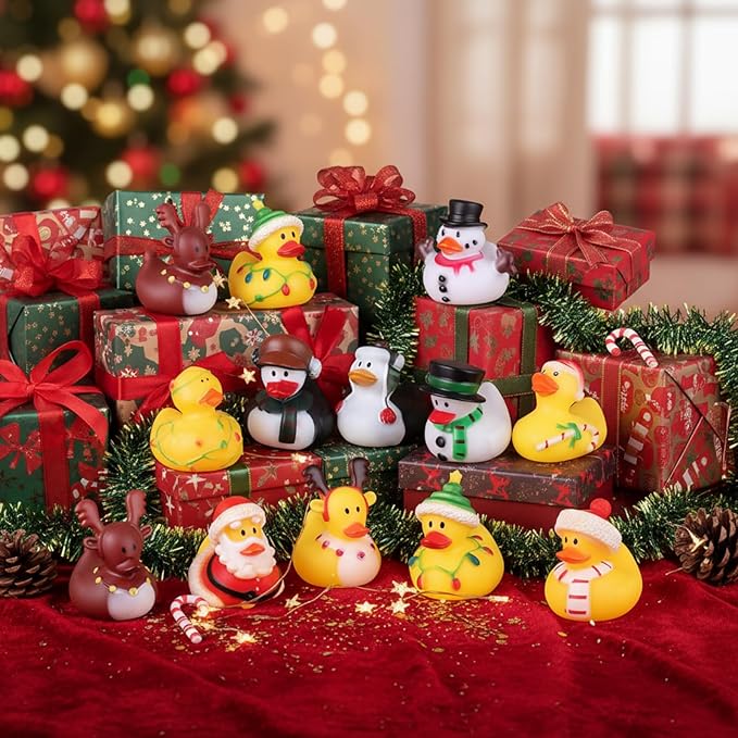 Sratte 24 Christmas Rubber Duck Bulk, Mini Santa Rubber Duck Bath Toys Assorted Xmas Party Decorations for Christmas Party Favors Stocking Stuffers Gifts for Coworkers Class (Lovely Style)