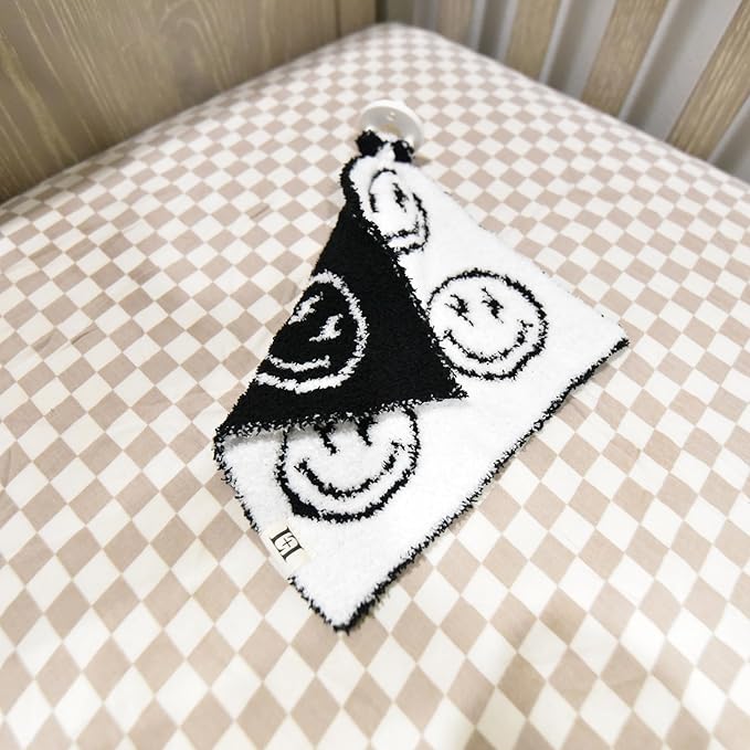 L+L USA Smiley Face Baby Lovey Pacifier/Teether Holder 10"x10" - DreamSoft Plush Fluffy Cuddly Soothie Reversible Mini Comfort Blanket - Cute Newborn Gift Essential Babies Boys and Girls (Black/White)