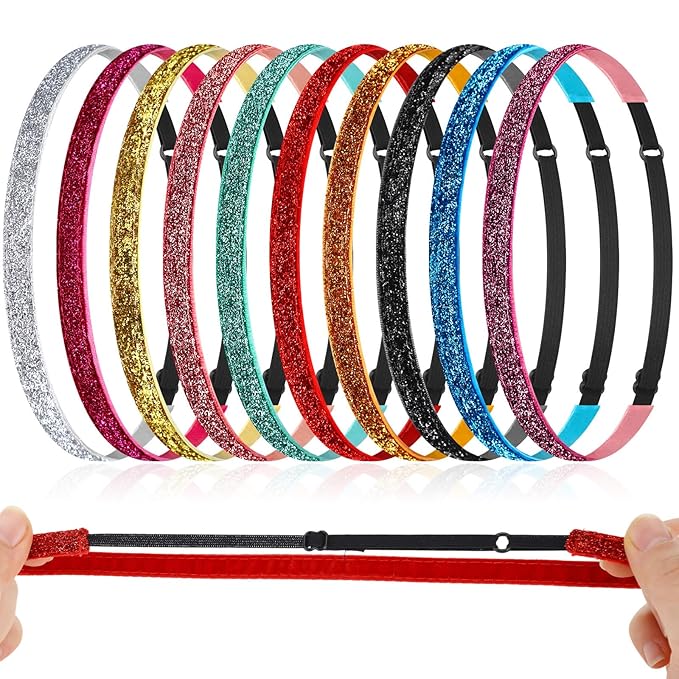 WILLBOND 10 Pcs Glitter Non Slip Running Headbands Girls Elastic Sports Velvet Sparkly Fabric Stretchy Shiny Headband Workout Fashion Hair Accessories for Women Party Favor(0.4 Inches,Bright Color)