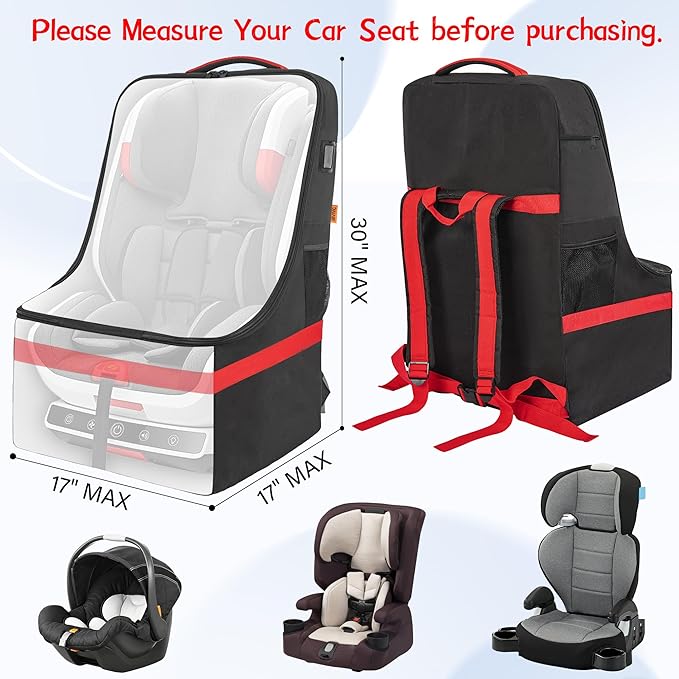 IBVIVIC Padded Car Seat Travel Bag for Airplane, Heavy Duty Car Seat Bag for Air Travel Gate Check Carseat Carrier Bag with Shoulder Strap, Fits Most Baby & Infant Car Seats (Black&Red)