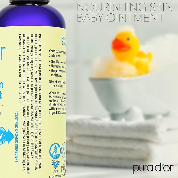 PURA D'OR Baby Ointment, 8 Oz, Moisturizing Balm for Sensitive Skin, Diaper Area, Dryness, Protective Barrier, Gentle Care, Jojoba, Almond, Sunflower, Avocado Oils, Beeswax, Vitamin E, Daily Comfort