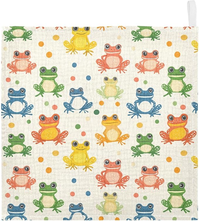 Newborn Face Towel Cute Frogs Soft Cotton Baby Washcloths 11.8 x 11.8 Inch Infants Girls Boys Muslin Burp Cloths 5 Pack