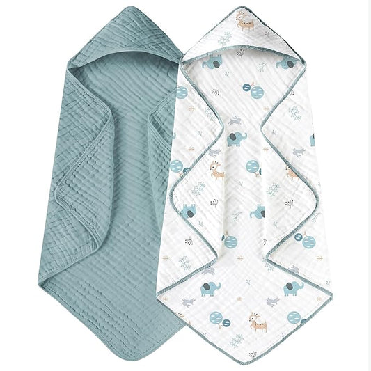 Yoofoss Hooded Baby Towels for Newborn 2 Pack 100% Muslin Organic Cotton Baby Bath Towel with Hood for Babies, Infant, Toddler and Kids, 32x32Inch, Soft and Absorbent Newborn Essential,Blue Elephant