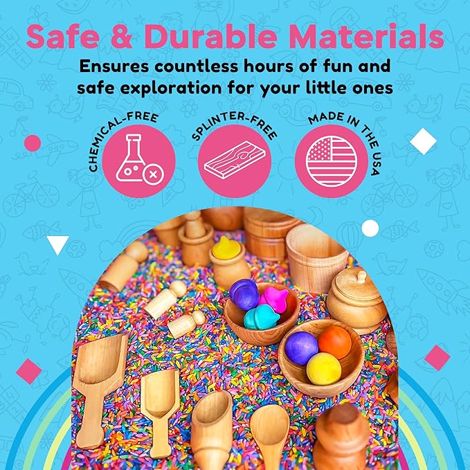 Rainbow Rice and Sensory Bin Tools (10 Pieces), Wooden Sensory Bin Tools and Scoops with Chemical-Free and Food-Safe Rice, Table Tools for Fine Motor Skills