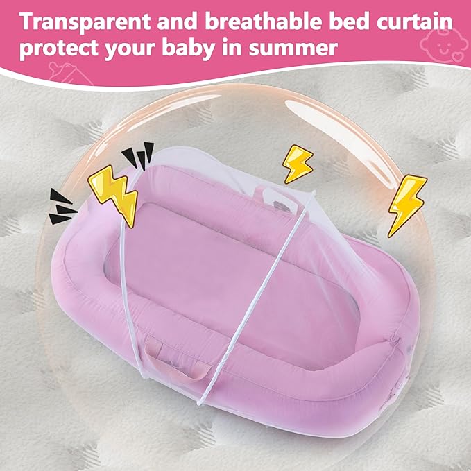 Portable Baby Lounger for Travel,Breathable & Comfortable 100% Cotton Infant Lounger, Baby Nest 0-24 Months Machine-Washable Newborn Lounger,Newborn Essentials,Supervised Use