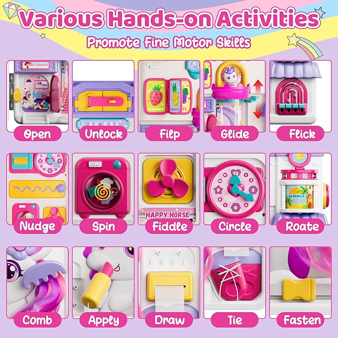 Nicella Busy Board for 1 Year Old Girl Gifts, Montessori Toys for 1 2 Year Old - 56+ Activities Bilingual Music Learning Sensory Toys for Toddlers 1-3 - Birthday Gift for 1+ Year Old Girl Boy