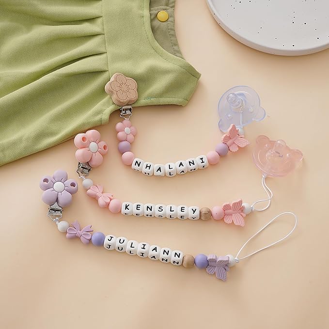 Personalized Baby Pacifier Clip with Name,Customized Name Silicone String Clip for Boy Girl (Purple)