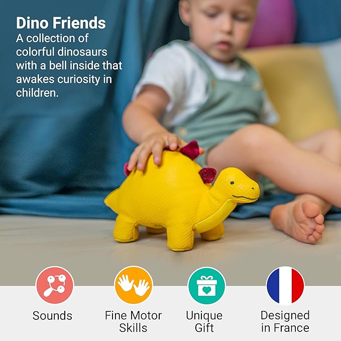 Little Big Friends Dino Friends | Stimulate the Senses with Colors, Textures & a Tinkling Bell | Vegan Leather | Easy to Clean | Steffy the Stegosaurus
