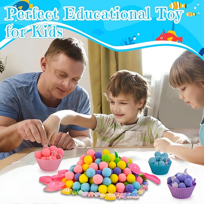185pcs Summer Ocean Animal Sensory Bin Filler Fine Motor Toys Ocean Animals Sensory Bin Items Resin Crab, Starfish, Sea Snail, Pearl Shell Pom Poms for Preschool Education Counting Sorting