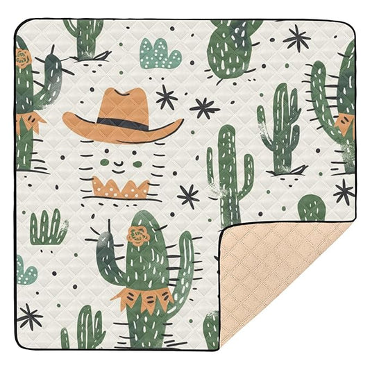 Baby Play Mat Green Cactus Cowboy Boho 50 x 50 Playpen Mat Baby Play Mats for Floor Play Gym Crawling Mat Non-Slip Cushioned Baby Playmat for Infants, Babies, Toddlers
