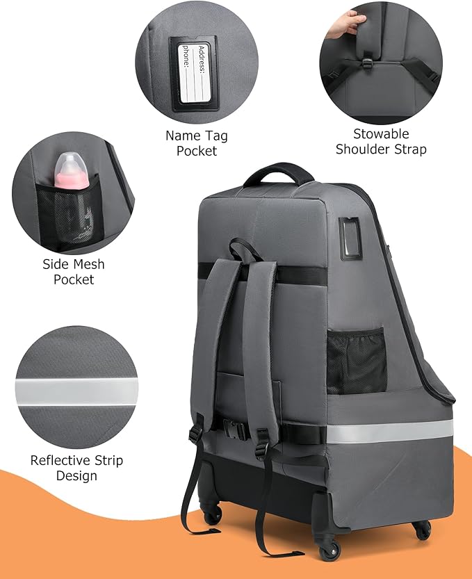 MCBD Car Seat Travel Bag for Airplane, Foldable Baby Carseat Backpack for Travel Padded Carseat Carrier for Airport Gate Check, Infant Stroller Cover with Reflective Strips