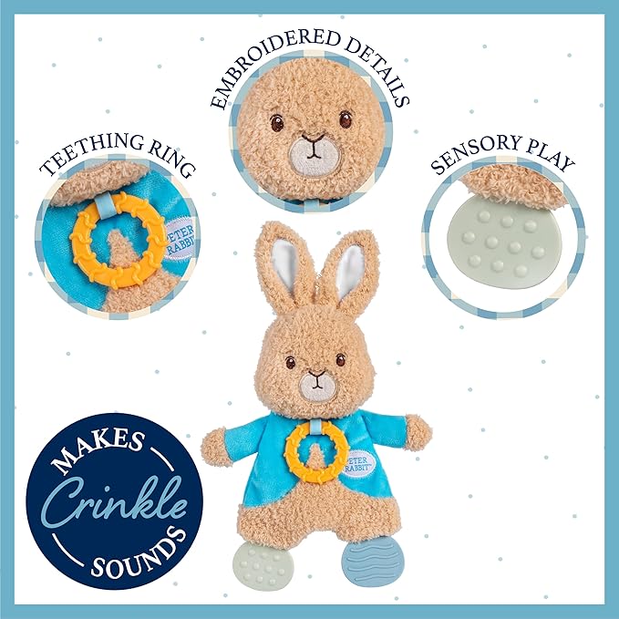 Kids Preferred Beatrix Potter Peter Rabbit Flat Sensory Blanky Interactive Baby Teether Toy with Crinkle Sounds, Soft Textures, Bright Colors, and BPA-Free Materials for Safe and Fun Sensory Play
