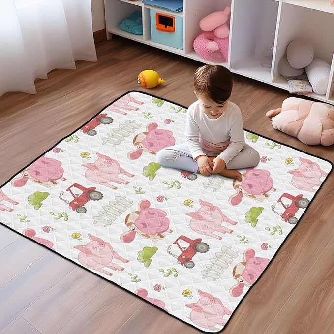 Baby Play Mat Cute Farm Cow Pig and Tractor 50 x 50 Playpen Mat Baby Play Mats for Floor Play Gym Crawling Mat Non-Slip Cushioned Baby Playmat for Infants, Babies, Toddlers