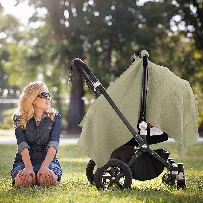 Metplus Muslin Car Seat Cover for Babies, 100% Cotton Breathable Infant Carseat Canopy for Summer, Lightweight Stroller Sunshade Covers for Newborns(Khaki)
