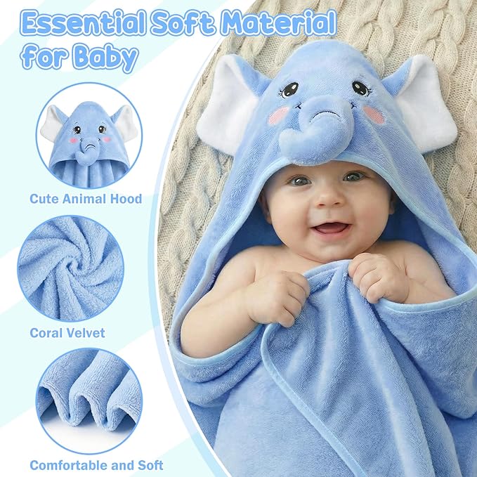 2 Pack Hooded Baby Towels Soft Absorbent Coral Fleece Baby Bath Towels with Animal Hood 32x32 Inch Toddler Bath Towel for 0-3 Years Newborn Baby Shower (Blue Elephant & Green Dinosaur)