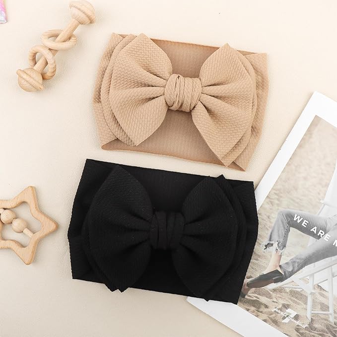 YanJie 2PCS 7'' Super Durable Soft Knot Headbands with Hair Bows Infant Toddlers Kids Hair Accessories Beige Black Headband for Newborn Baby Girls