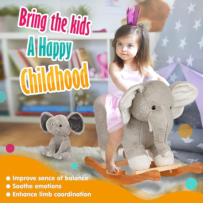 Baby Rocking Horse Wooden Rockers with Seat Elephant Rocking Horse Ride Plush Stuffed Animals Toy for Toddlers 1-3 (Gray，Elephant)