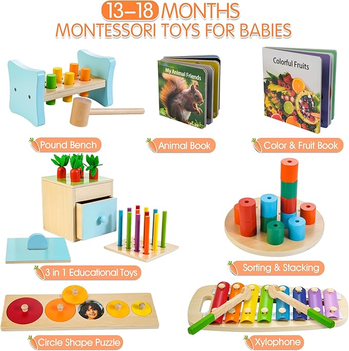 WOODMAM Wooden Montessori Toys for 1+ Year Old, 9 in 1 Learning Educational Toys for Toddler with Educational Box, Xylophone, Pound Bench, Shape Puzzle and More, Baby Toy Gift for 13-18 Months