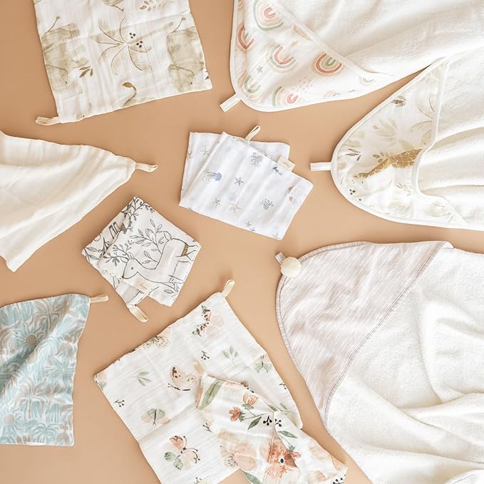 Crane Baby Wash Cloth Set, 100% Cotton, Set of 5, Woodland Animal Theme, Muslin Washcloths for Newborn, Baby Registry Gift