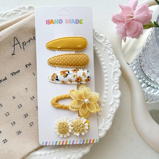 5Pcs Baby Hair Clips for Girls Toddler, 4 Snap Clips + 1 Fully Wrapped Alligator Clip, Soft Creamy Yellow Floral Set with Faux Pearl, Non Slip Toddler Hair Clips Safe for Newborn Infants