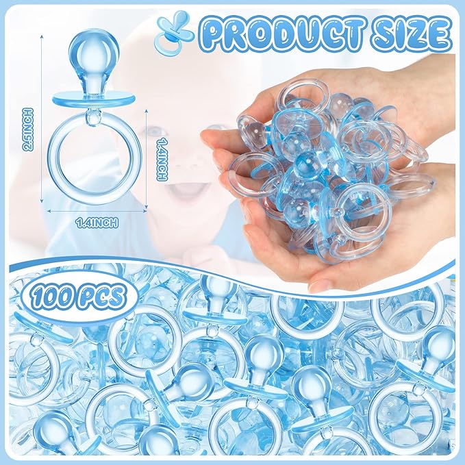 Coume 100 Pcs 2.5 Inch Baby Shower Pacifiers Acrylic Mini Baby Pacifiers Gifts Gender Reveal Party Favors for Gender Neutral Game Birthday Supplies(Blue)