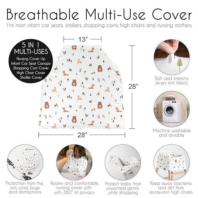 Sweet Jojo Designs Baby Car Seat Cover (Woodland Animals) for Girls & Boys, Infant Multipurpose Nursing, Breastfeeding, High Chair, Shopping Cart, Stroller, Carseat Canopy Carrier (Sage Green, Forest)