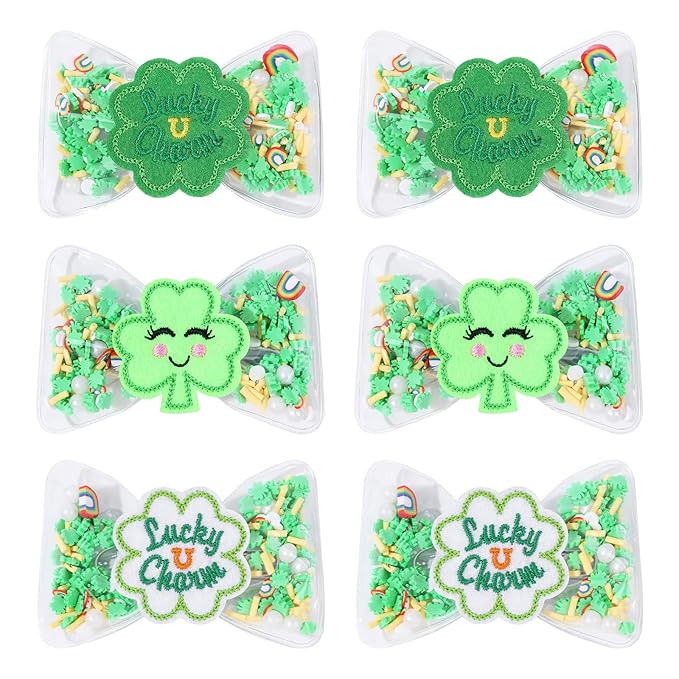 CN 6PCS St Patricks Day Hair Bows for Girls, 3.5 Inch Green Lucky Shamrock Alligator Hair Clips, Clover Hair Accessories for Girls Toddler Kids Teens Children