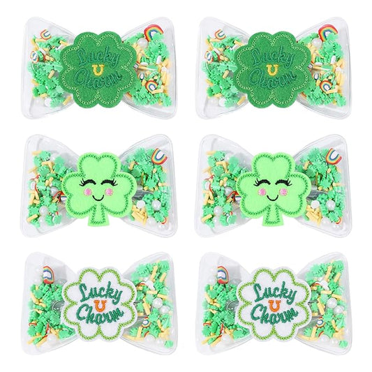 CN 6PCS St Patricks Day Hair Bows for Girls, 3.5 Inch Green Lucky Shamrock Alligator Hair Clips, Clover Hair Accessories for Girls Toddler Kids Teens Children