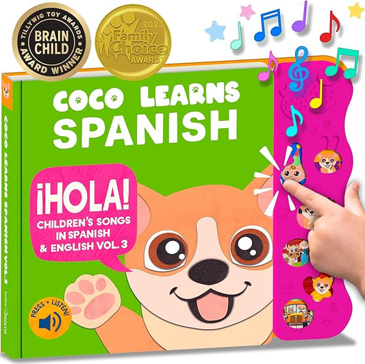 Coco Learns Spanish Vol. 3 — Interactive Sound Board Book for Toddlers 1-3, Bilingual English & Spanish Songs & Music, Talking Musical Book, Musical Toy Gift for Babies & Kids