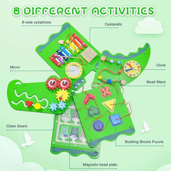 Spacocld Crocodile Sensory Toys Activity Wall Panels - Montessori Busy Board, Toddler Learning Panel, Wall-Mounted Playroom/Daycare Educational Toys, Interactive Wooden Gift for Kids 3-6, Green