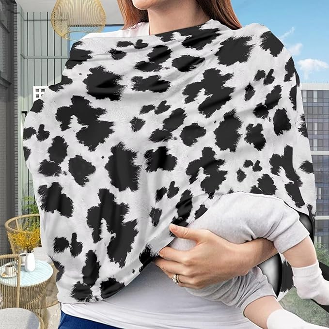 Wanyint Black White Cow Print Infant Car Seat Cover, Baby Carseat Scarf Stretchy Nursing Scarf Car Seat Canopy Breathable Nursing Cover for Boys Girls