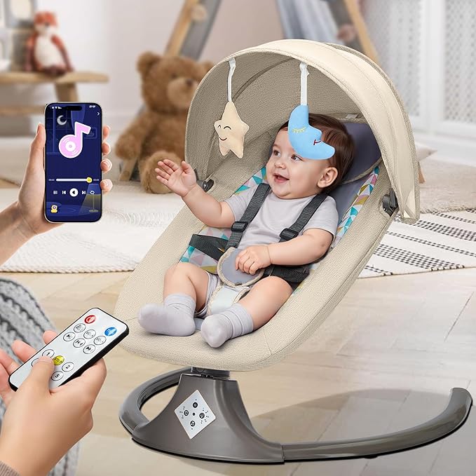 Electric Baby Swing for Infants,Multifunctional 3-in-1 Rocker,5-Speed Adjustable,Remote Control,10 Melodies,5-Point Harness,for Infants Up to 30 lbs, Up to 12 Months Easy Assembly (khaki)