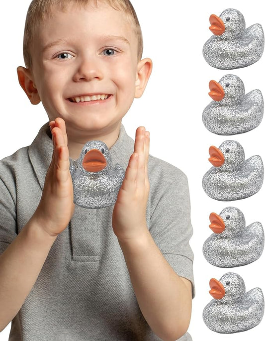 Alpi Glitter Ducks – Set of 5 Fun & Sparkly Rubber Ducks & Bath Toys - Decorative, Collectible, and Great for Parties, Gifts & Bath Time (Silver)
