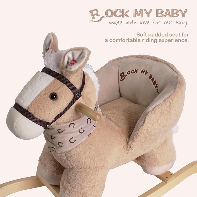Rock My Baby Rocking Horse, Baby Animal Rocking Horse with Seat, Ride on Horse, Plush Rocking Horse with Realistic Sound, Wooden Rocking Horses Ages 1-3 (Caramel Color Horse), CPC Certified