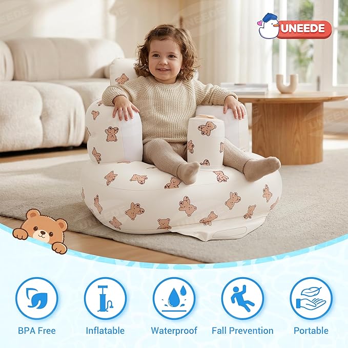 UNEEDE Inflatable Baby Seat for 3 Months & Up, Infant Floor Chair for Sitting Up with Built in Air Pump, Lightweight Travel Baby Seat for Home, Camping, Beach & Outdoor