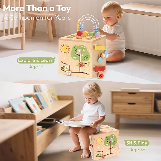 Wooden Activity Cube 9-in-1 Montessori Busy Board Toy | Educational Sorting Play Center for 1+ Year Old Toddlers | First Birthday for Boys Girls