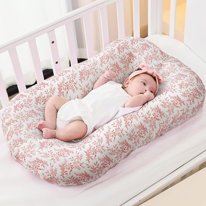FUNUPUP Muslin Baby Lounger Cover Compatible with Snuggle Me Lounger, Infant Pillow Cover for Newborn, Removable Nest Slipcover for Boys and Girls, Only Cover, Pink & Pink Leaves