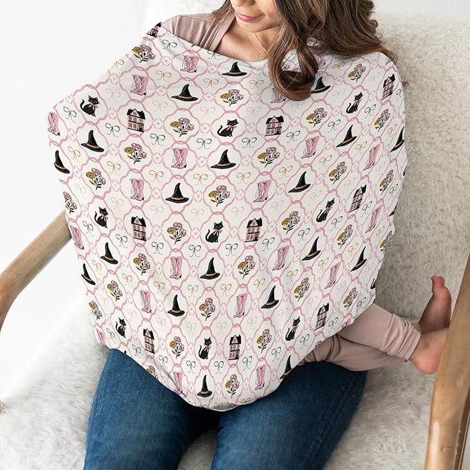 Cute Pink and Black Halloween Baby Car Seat Covers Witch Cat Castle Floral Bows Stretchy 5-in-1 Cover Adjustable Car Canopy Breastfeeding Cover Spooky Halloween Breathable Nursing Cover-Up