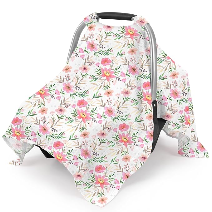 Car Seat Cover Baby, 100% Muslin Cotton Infant Car Seat Canopy, Universal Baby Car Seat Cover, Breathable Nursing Cover Canopy Shower Gift Floral