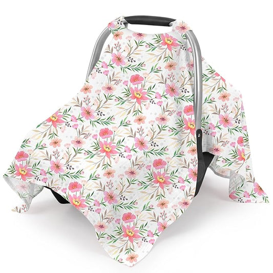Car Seat Cover Baby, 100% Muslin Cotton Infant Car Seat Canopy, Universal Baby Car Seat Cover, Breathable Nursing Cover Canopy Shower Gift Floral
