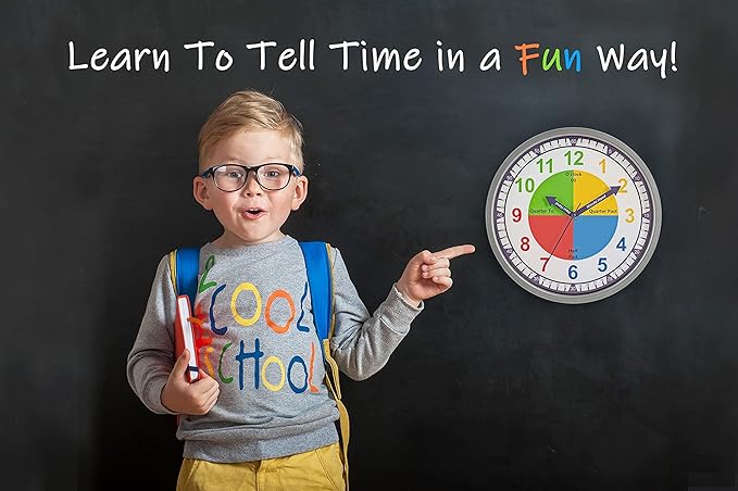 Bernhard Products Colorful Kids Wall Clock Teaching Time Telling Silent Non-Ticking Educational Learning Tool, Colored Numbers for Children Teachers Homeschool and Parents, School Classroom Playroom