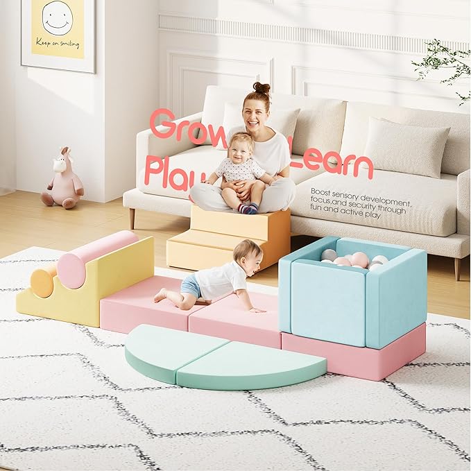 smilesun 12 PCS Foam Climbing Blocks for Toddlers with Ball Pit, Safe Soft Play Gym Set，Baby Kids' Indoor Playground Foam Blocks for Crawling, Climbing Motor Skills Development（Colorful）
