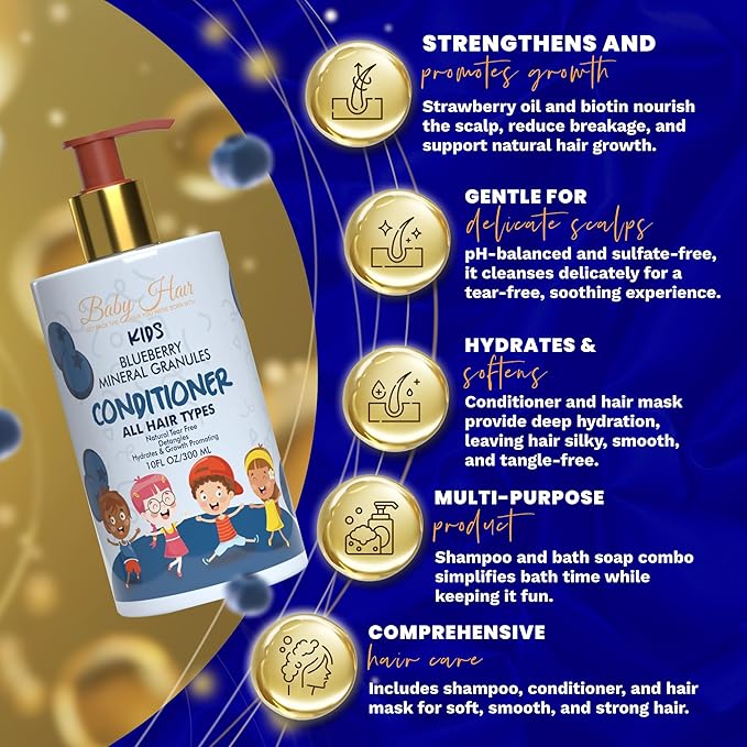 BABY HAIR - Blueberry Mineral Kids Hair Conditioner, Sulfate-Free Toddler Hair Conditioner, Hair Conditioner for Kids with Blueberry & Strawberry Oil, Aloe Vera, and Biotin, 10 fl.oz