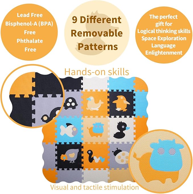 Foam Play Mat for Kids，25Pcs Square Interlocking Puzzle Floor Mat，Baby Play Mat Floor Mat Foam Puzzle Playmat for Toddlers with Fence（Animal-CSH018