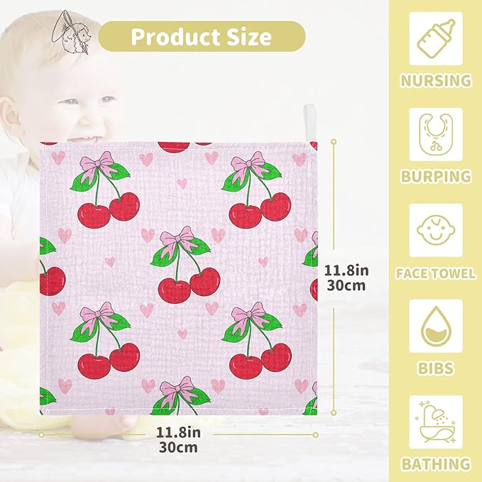 Cherry with Bows Baby Washcloths 5 Pack, Cotton Muslin Washcloth Soft for Sensitive Skin, Newborn Girls Boys Shower Gift, 12x12 in