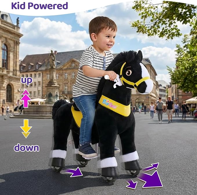 PonyCycle Horse Ride on Toys for Kids Ride on Horse Spirit Toys Essential Model E, Size 4 for Kids Age 4-7/35.4" Height, Birthday Gifts Plush Animal Giddy up Riding Toys Ride on Pony Animal Black E438