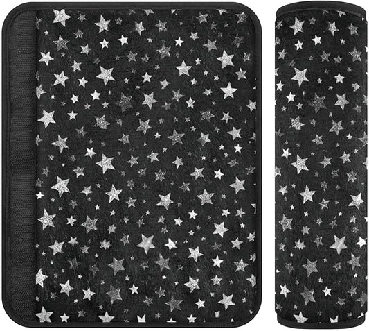 2 Pack Sparkly Silver Stars Seatbelt Covers Seat Belt Cover Pad for Adults Boys Girls Car Seat Strap Covers Pads Cushion Universal Shoulder Strap Pad Protector for Backpack Camera Bag 10x7.7Inch